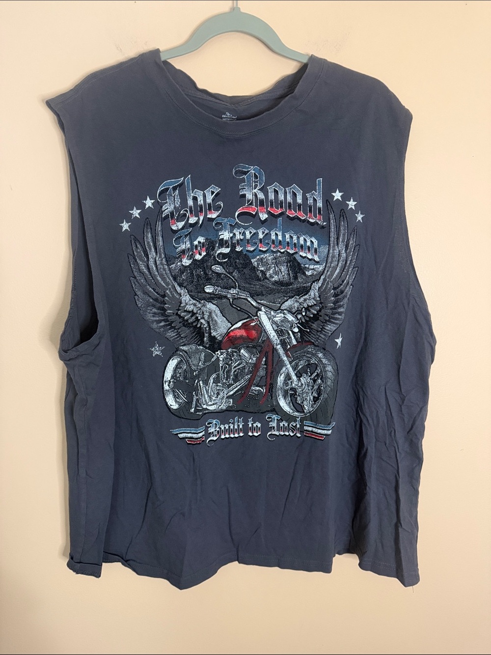 Men's Sleeveless Graphic Motorcycle Tee - Navy with Red Accent 100% cotton